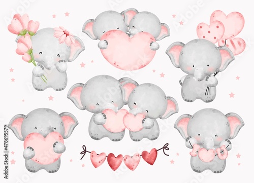 Watercolor set of love couple elephant