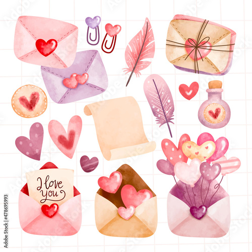 Watercolor set of love letter and elements 