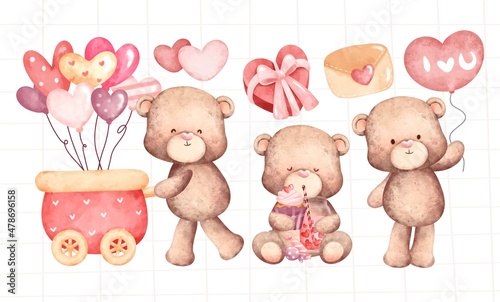 Watercolor set of lovely valentine bear 
