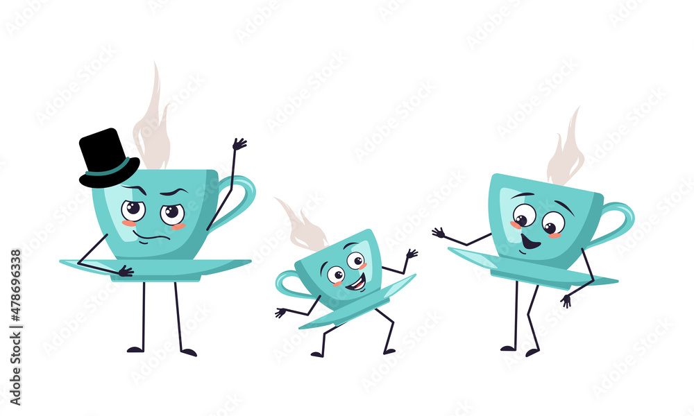 Family of cup of tea with happy emotions, smile face, happy eyes, arms and legs. Mom is happy, dad is wearing hat and child is dancing. Vector flat illustration Family of cup of tea with happy emotions, smile face, happy eyes, arms and legs. Mom is happy, dad is wearing hat and child is dancing. Vector flat illustration
