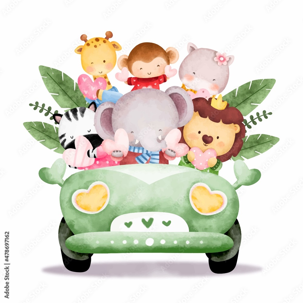 Watercolor cute safari animal in car  - obrazy, fototapety, plakaty 