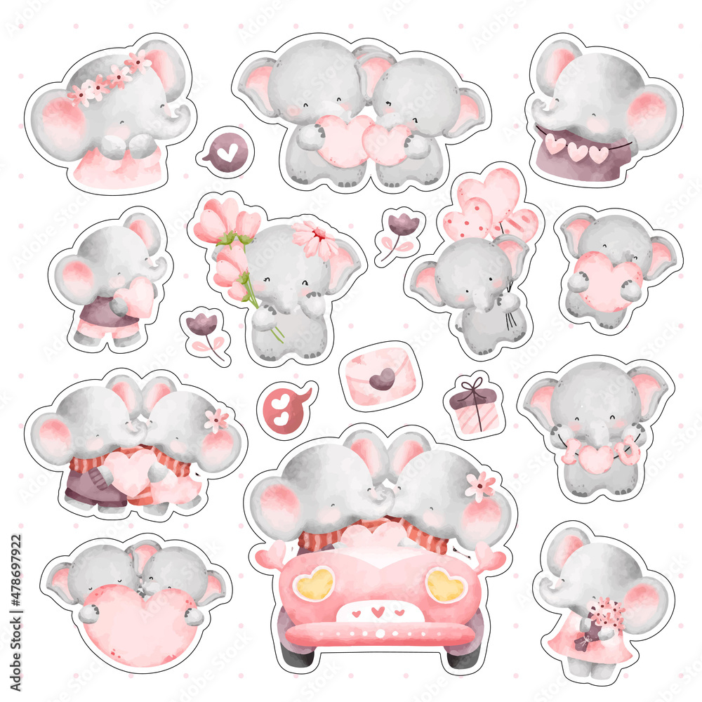 Fototapeta premium Watercolor cute elephant with love elements sticker set