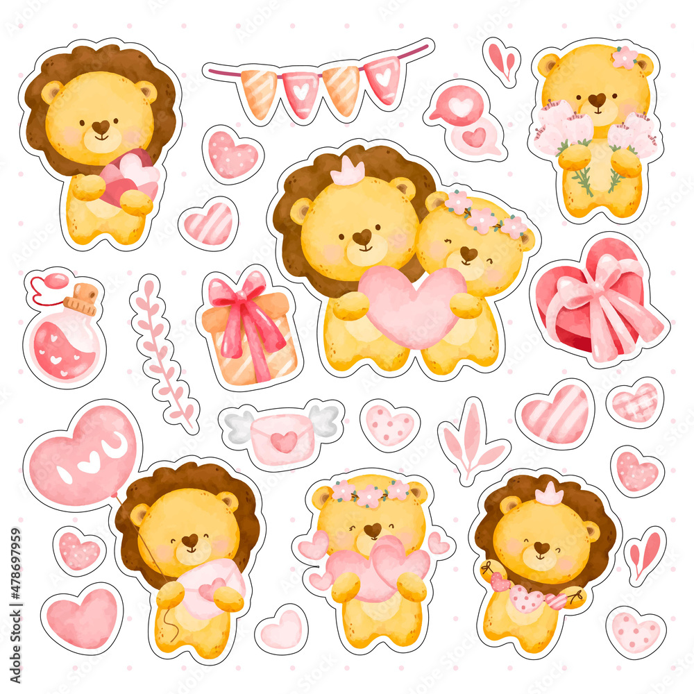 Fototapeta premium Watercolor cute lion with love elements sticker set 