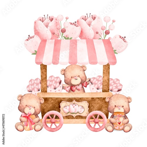 Watercolor flower stall with teddy bear 