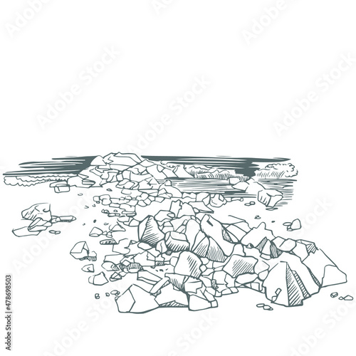 Sea stone coast sketch. Rocky surface. Beach with rocks on a white background