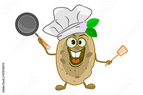 Potatoes cook isolated on white background. Potato chef with hat holding frying pan and spatula. Cooking school classes logo or label with smiling chef potato. Vegetable character with chef cap.Vector
