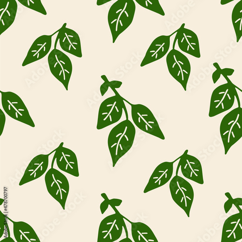 Seamless pattern with green branches and leaves of a potato plant on a light background. Vector illustration.