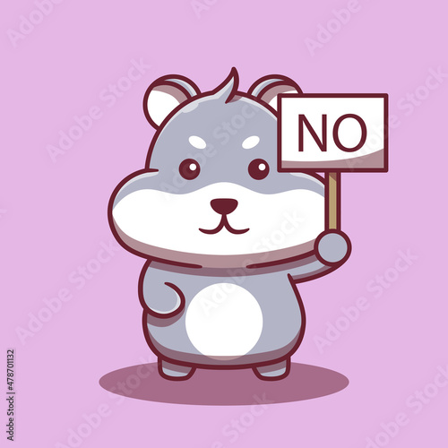 Cute hamster holding a sign that says No. cartoon character. Flat cartoon style. Animal concept isolated on purple background.