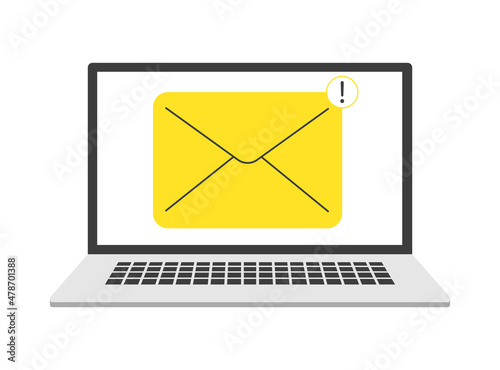 One incoming message on laptop, open message icon, notification. Vector