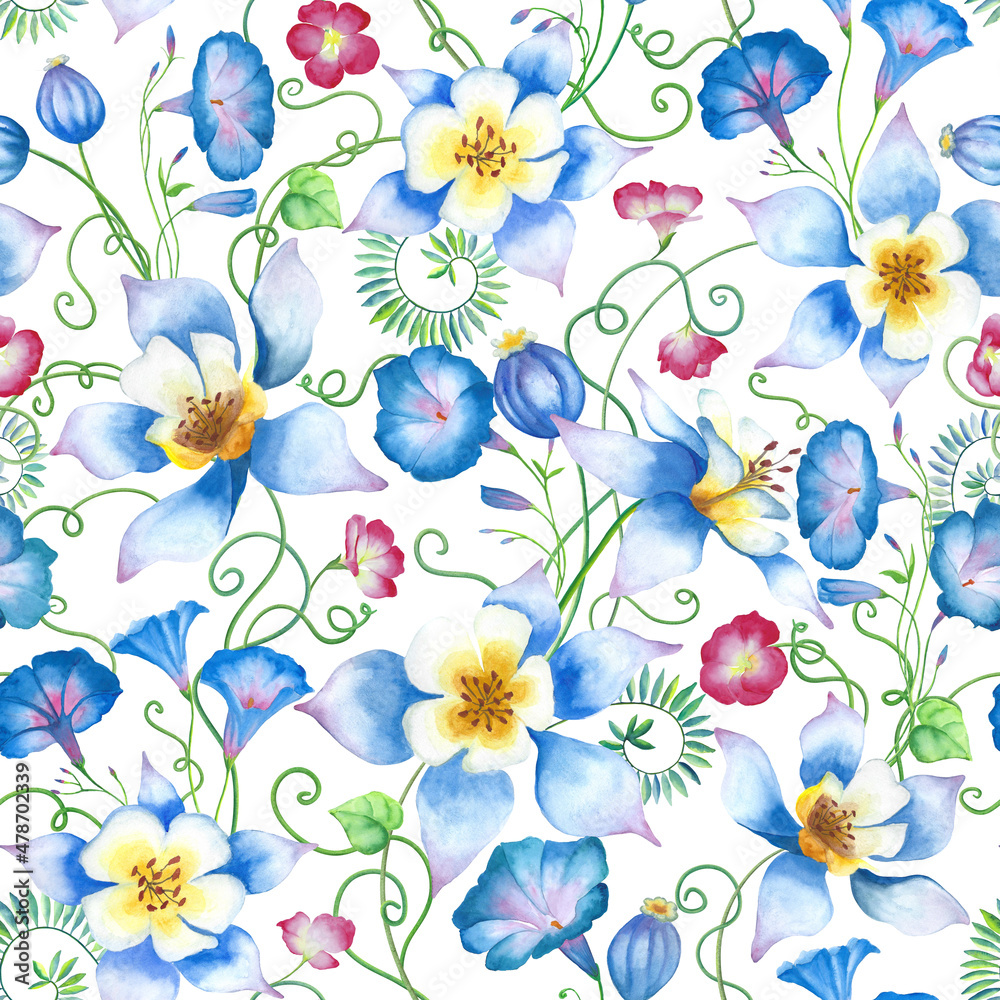 Blue flowers seamless pattern Watercolor floral composition Columbine Morning glory Petunia flowers allover botanical illustration