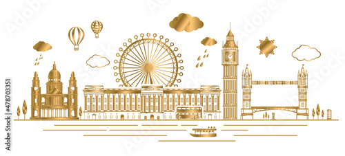 Vector. gold color London, England and United Kingdom Landmarks Skyline, Famous Place, Travel and Tourist Attraction