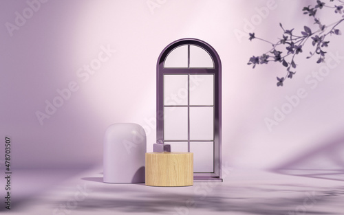 Purple door and abstract podium with sun shade and leaf shadow. Stage showcase on pedestal glass studio purple background. 3D rendering for studio and fashion presentation. Geometry shape.  