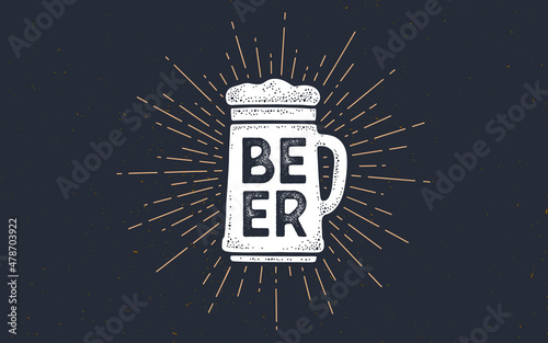 Mug Beer. Old school poster with text Beer. Mug beer in vintage style with linear drawing light rays, sunburst and rays of sun, text beer. Hand drawn graphic design. Vector Illustration
