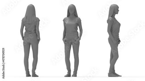 3D rendering of a young casual female posing isolated on empty studio background. SIlhouette and multiple views.