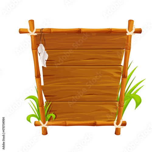 Frame from bamboo sticks, wooden planks decorated with rope, grass and liana in comic cartoon style isolated on white background. Border, jungle panel textured and detailed. Game asset, menu