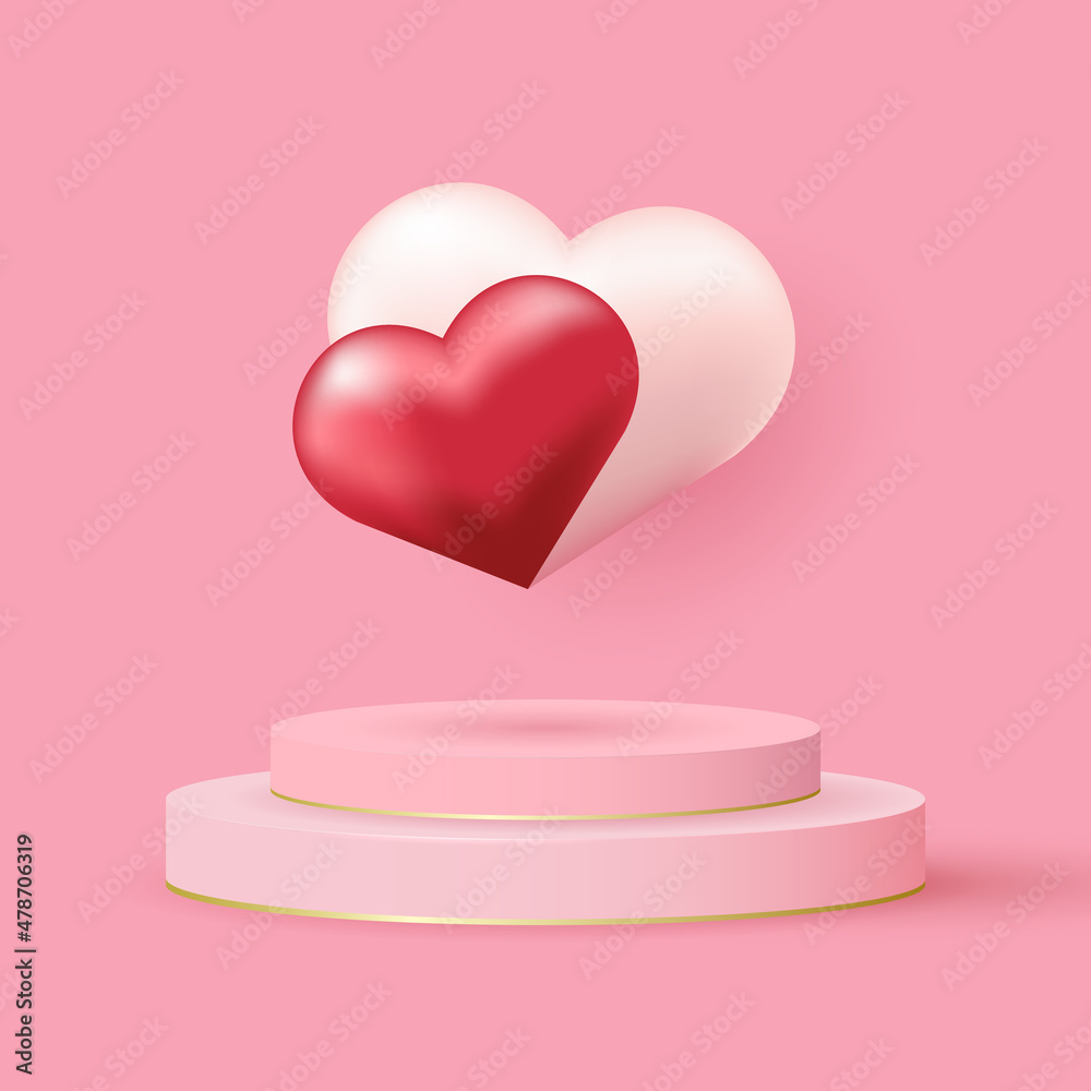 Valentines day holiday flyer with realistic 3d heart and podium on pink background. Poster or banner on light background. Vector