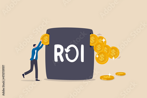 ROI, return on investment performance measure from cost invested and profit efficiency, marketing cost to get campaign success concept, businessman invest money coin in ROI box to get return profit. photo
