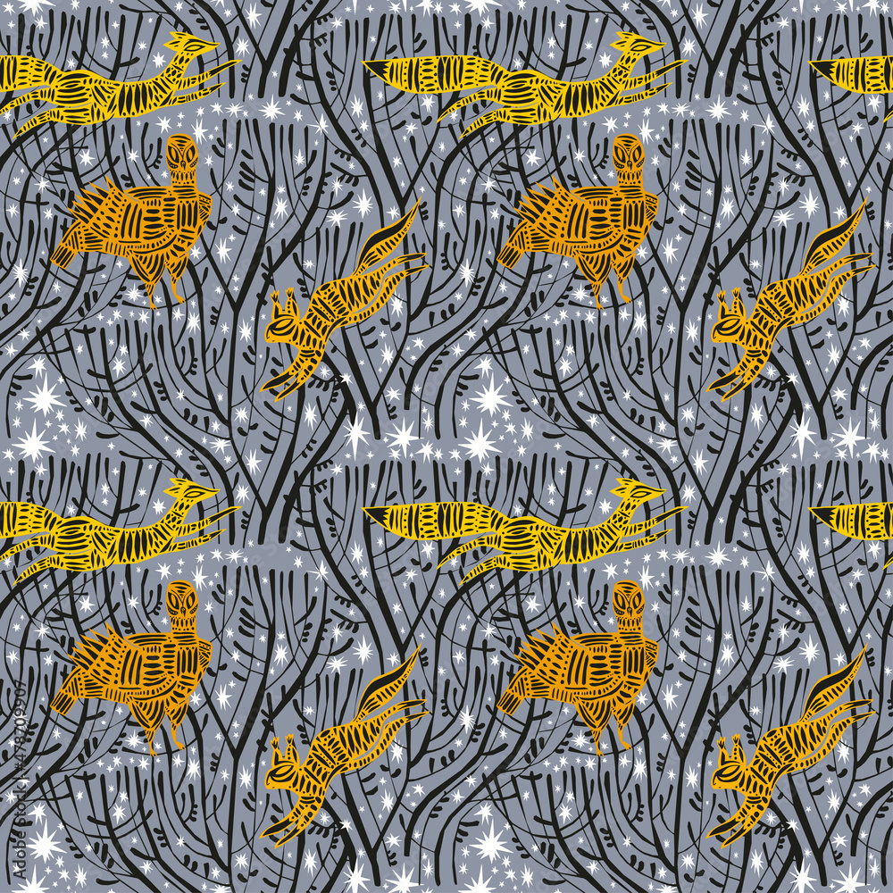 Obraz premium Tree branches at dreamy starry night with animals and birds seamless pattern in minimalism aesthetic background.
