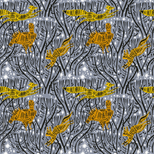 Tree branches at dreamy starry night with animals and birds seamless pattern in minimalism aesthetic background.