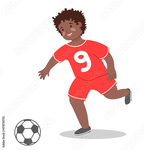 illustration of African-American child with ball. Happy, laughing boy playing soccer isolated on white background