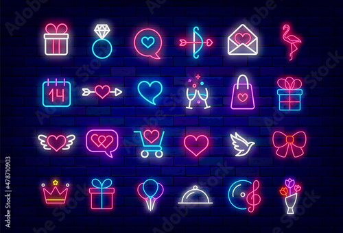 Happy Valentines day neon icon collection. Crown and balloons. Romantic music and flowers. Vector illustration