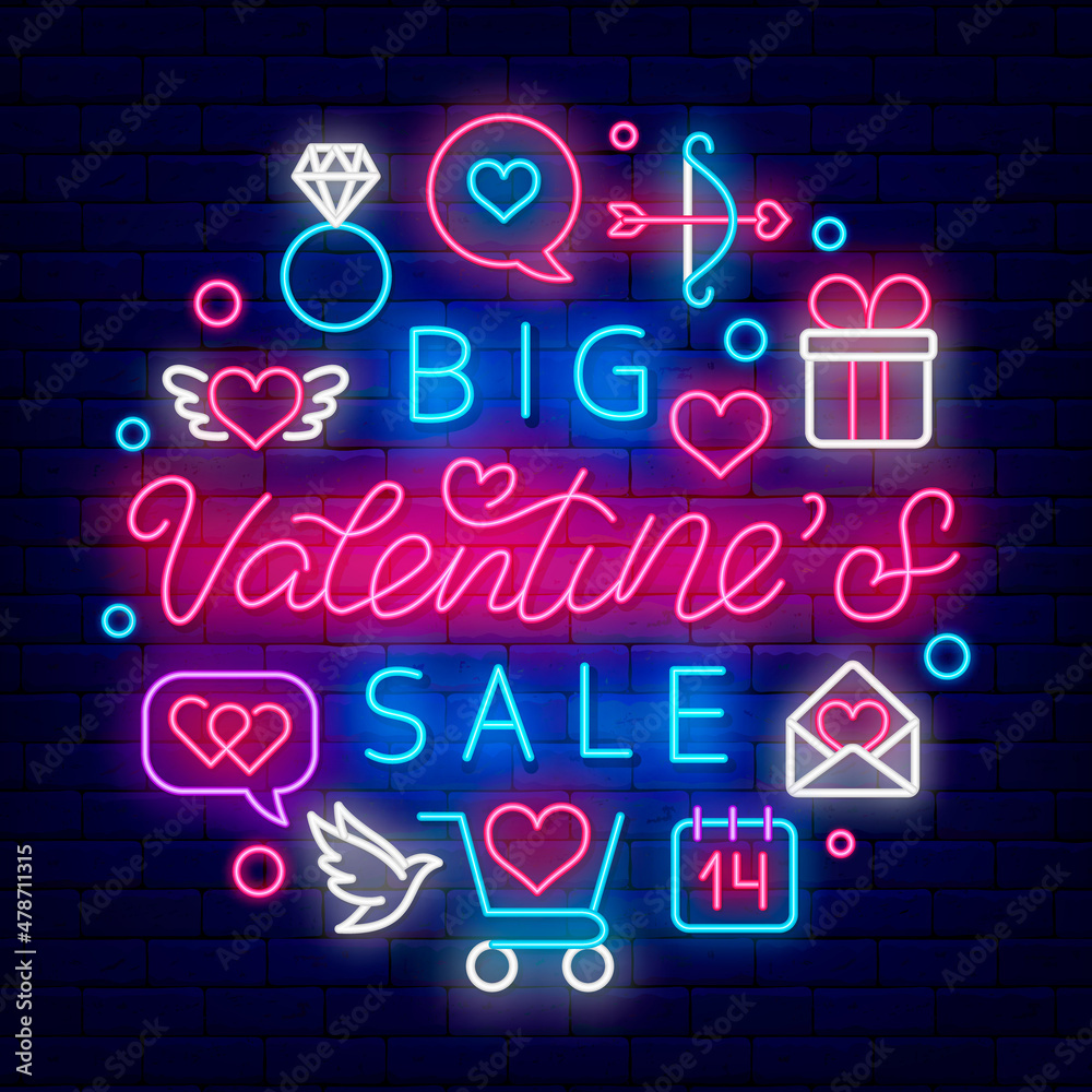 Big Valentines Sale neon circle layout with text. Outer glowing effect banner. Isolated vector stock illustration