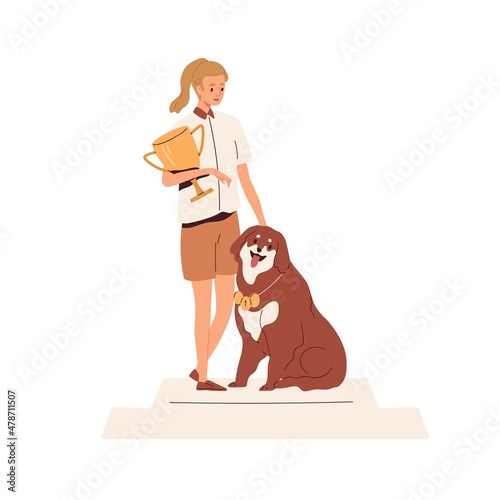 Person and dog winner of pets competition. Owner with gold cup award, goblet ...