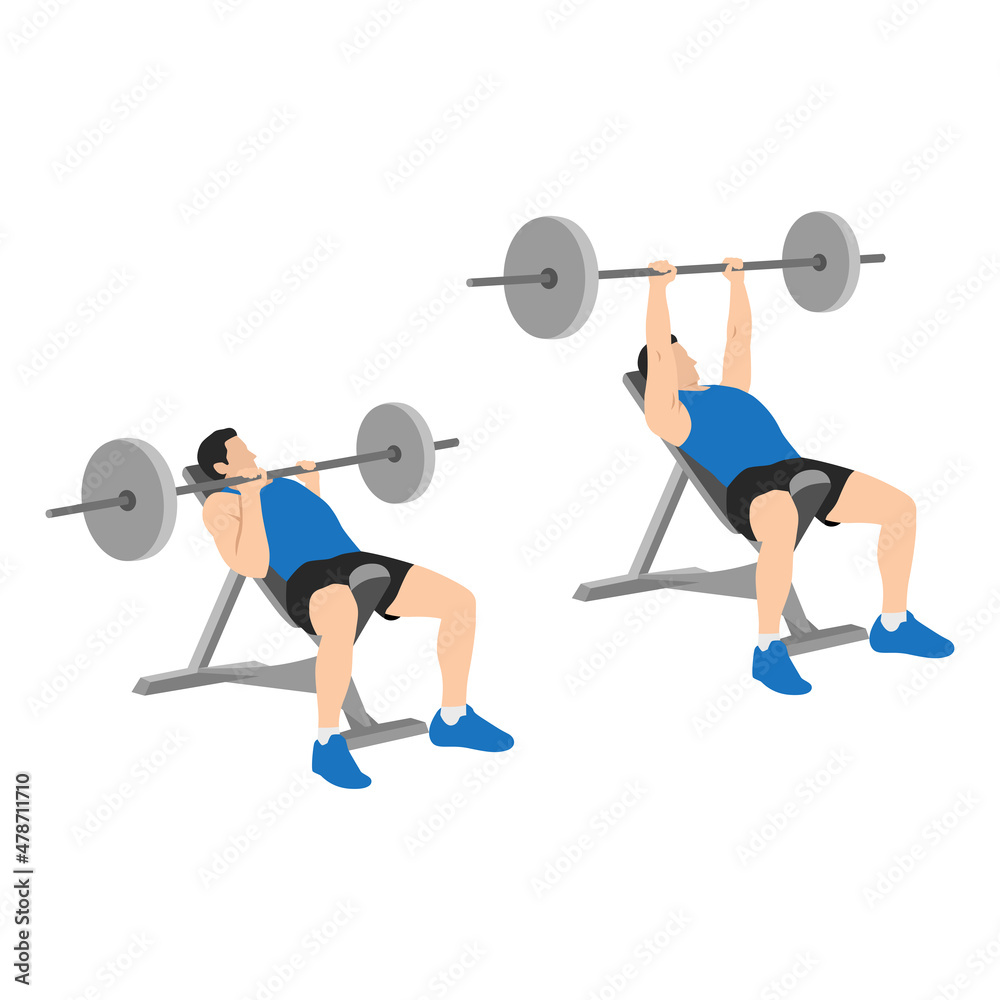 Man doing Incline Close grip barbell bench press exercise. Flat vector
