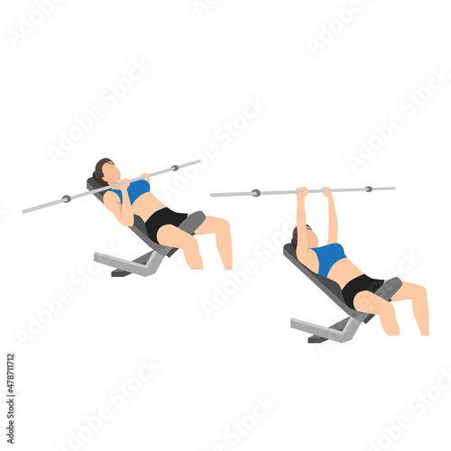 Woman doing Incline Close grip barbell bench press exercise. Flat vector illustration isolated on white background. Workout character