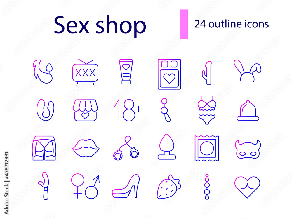 Erotic goods outline icons set. Sex shop. Adult toys. Products for making love. Isolated vector stock illustration