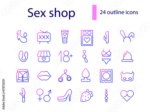 Erotic goods outline icons set. Sex shop. Adult toys. Products for making love. Isolated vector stock illustration