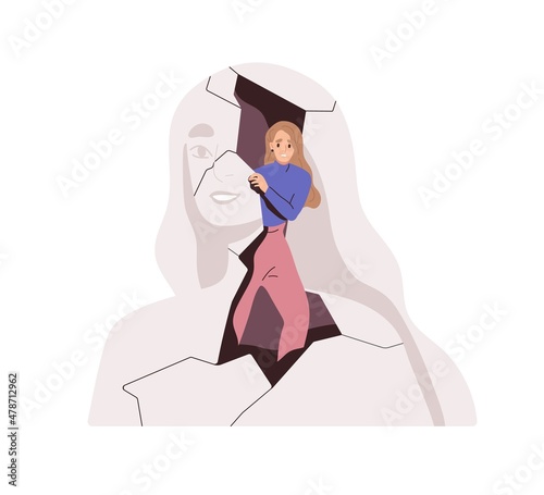 Person with mental health problems. Fear and anxiety, psychology concept. Scared anxious woman feel nervous about releasing self from inner world. Flat vector illustration isolated on white background