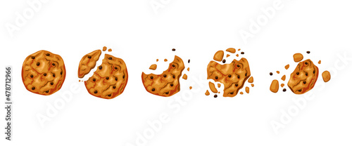Bitten chocolate chip cookies. Baked round cookies with chocolate chips bite animation set. Cartoon vector illustration