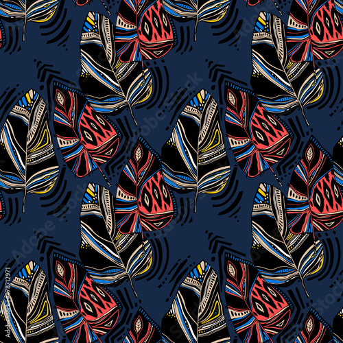 Tropical exotic nature abstract folk style plant leaves or feathers seamless pattern. Modern aesthetic background.