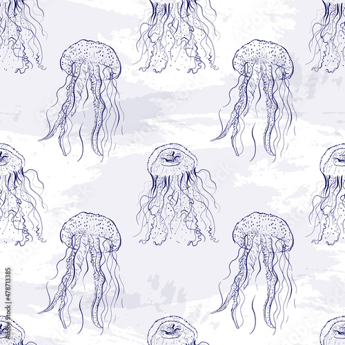 Seamless pattern jellyfish sea creature. Drawing sketch style hand draw.