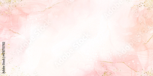Fototapeta Naklejka Na Ścianę i Meble -  Abstract watercolor or alcohol ink art pink white background with golden crackers. Pastel pink marble drawing effect. llustration design template for wedding invitation,decoration, banner, background.