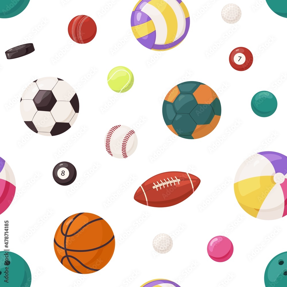 Sports balls pattern. Seamless background with soccer, volleyball, rugby, basketball, baseball nad handball games equipment. Endless texture with repeating print. Colorful flat vector illustration Sports balls pattern. Seamless background with soccer, volleyball, rugby, basketball, baseball nad handball games equipment. Endless texture with repeating print. Colorful flat vector illustration