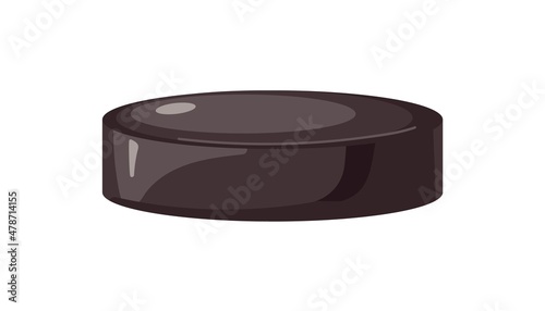 Ice hockey puck icon. Black rubber disk for playing sports game. Realistic fl...