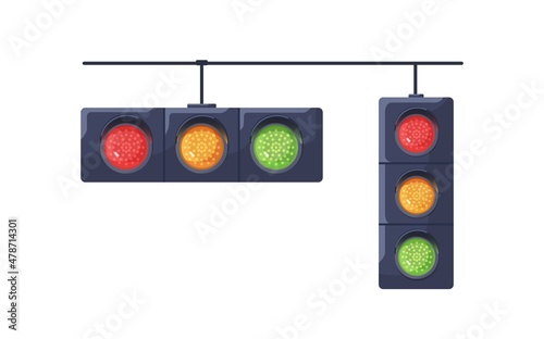 Traffic lights with red, yellow, green color signals. Semaphore lamps. Stoplights system hanging. Road movement regulation equipment. Flat vector illustration isolated on white background