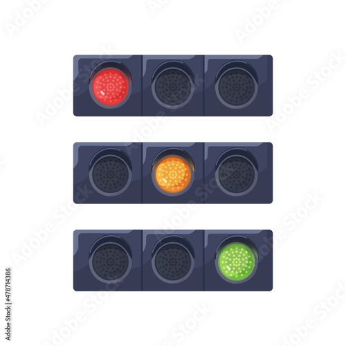 Traffic lights set with changing red, yellow, green signals on led lamps. Horizontal stoplights. Semaphore with signs, allow and stop movement. Flat vector illustrations isolated on white background