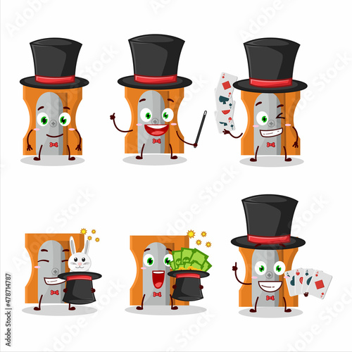 A orange pencil sharpener Magician cartoon character perform on a stage