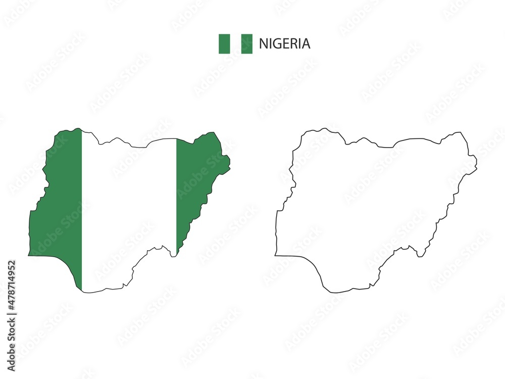 Fototapeta premium Nigeria map city vector divided by outline simplicity style. Have 2 versions, black thin line version and color of country flag version. Both map were on the white background.