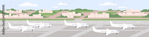Airplanes stand in airport. Parked air planes at paved handstand. Aerodrome parking with passenger aircrafts, panoramic landscape. Airliners on runway, panorama. Flat vector illustration