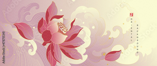 Luxury lotus background vector. Chinese and Japanese oriental line art with golden texture. Wallpaper design with peony flower and Ocean 