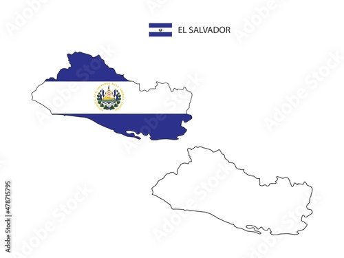 El Salvador map city vector divided by outline simplicity style. Have 2 versions, black thin line version and color of country flag version. Both map were on the white background.