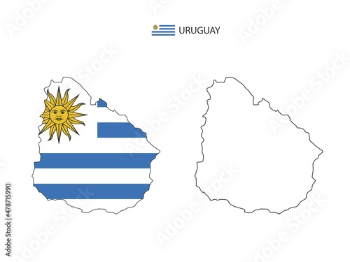 Uruguay map city vector divided by outline simplicity style. Have 2 versions, black thin line version and color of country flag version. Both map were on the white background.