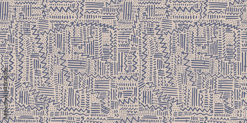 Seamless doodle geometric arrow, dot and line contemporary pattern in rythmic ethnic or Memphis style, background.