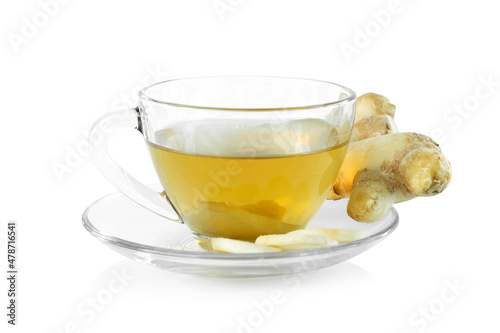 Hot ginger glass and fresh ginger with sliced isolated on white background, herb and medical for health concept