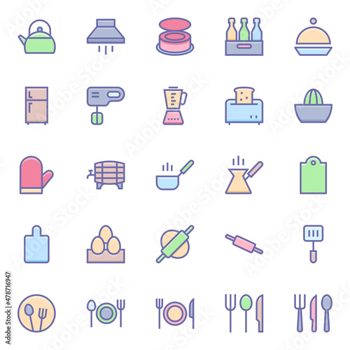 Filled color outline icons for food.