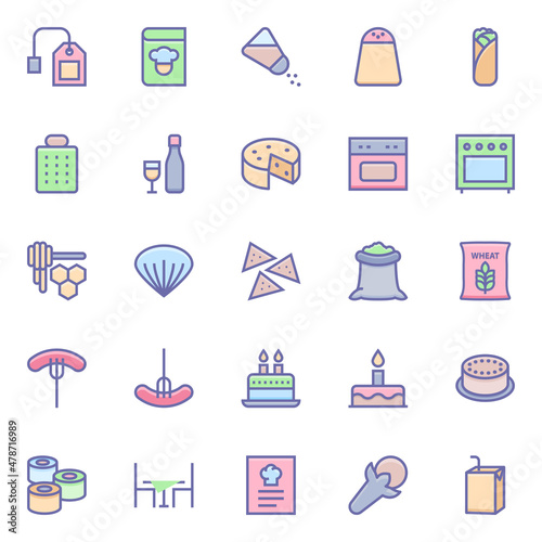 Filled color outline icons for food.